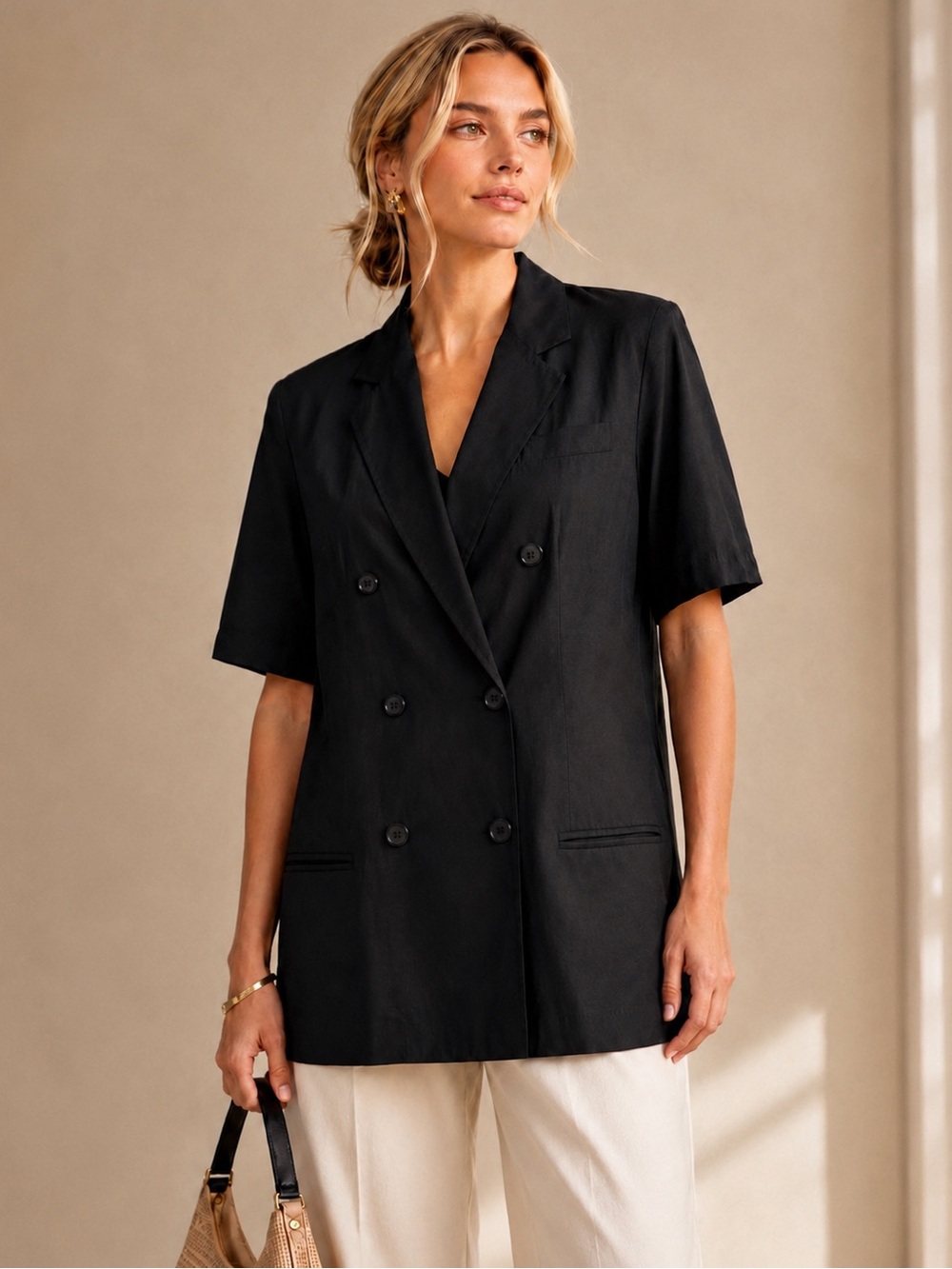 Norton McNaughton Black Double-Breasted
Short Sleeve Blazer, Relaxed Fit, M (8)